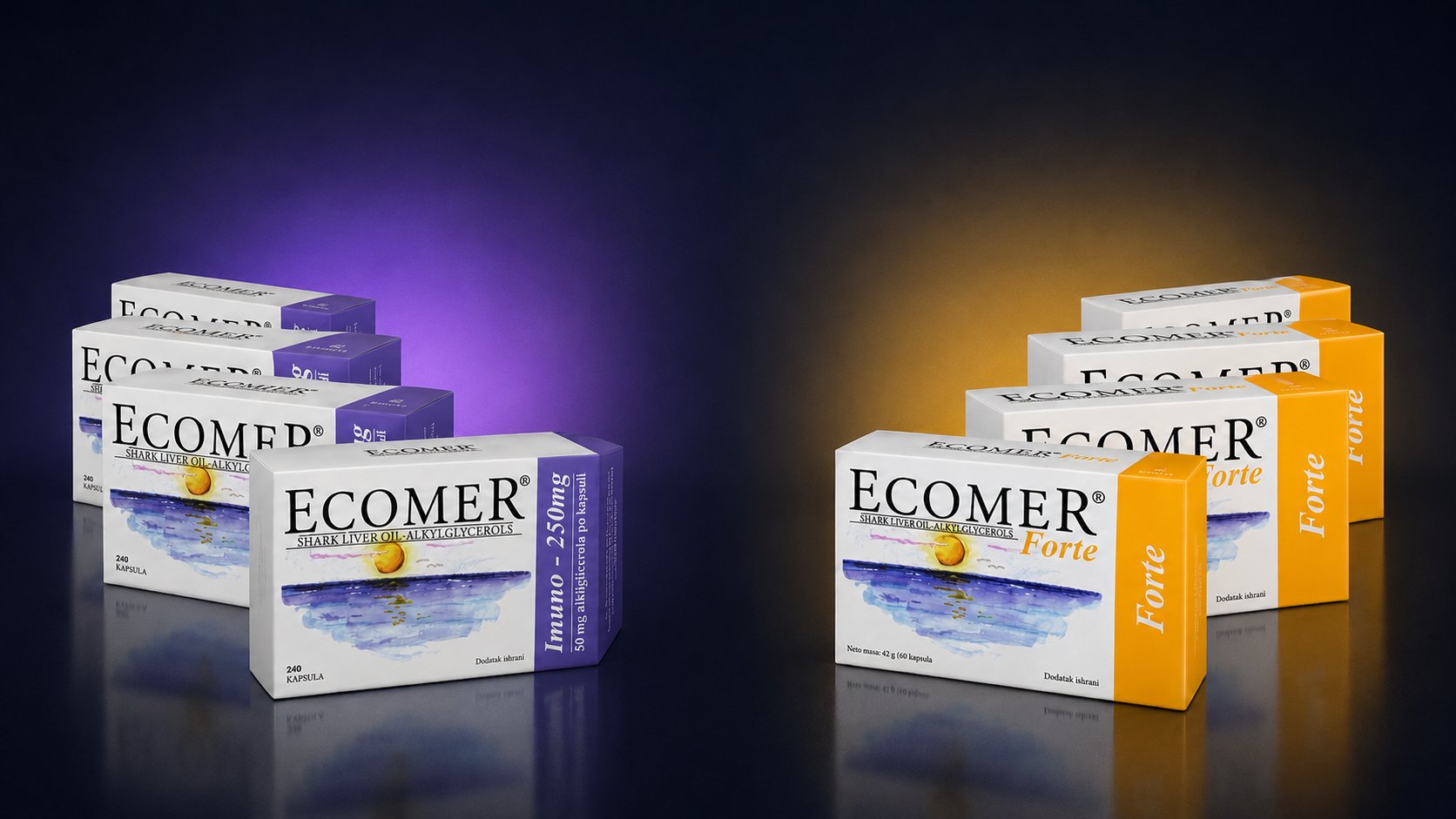 Uporedni prikaz pakovanja Ecomer 250 mg i Ecomer Forte 500 mg dodataka ishrani.